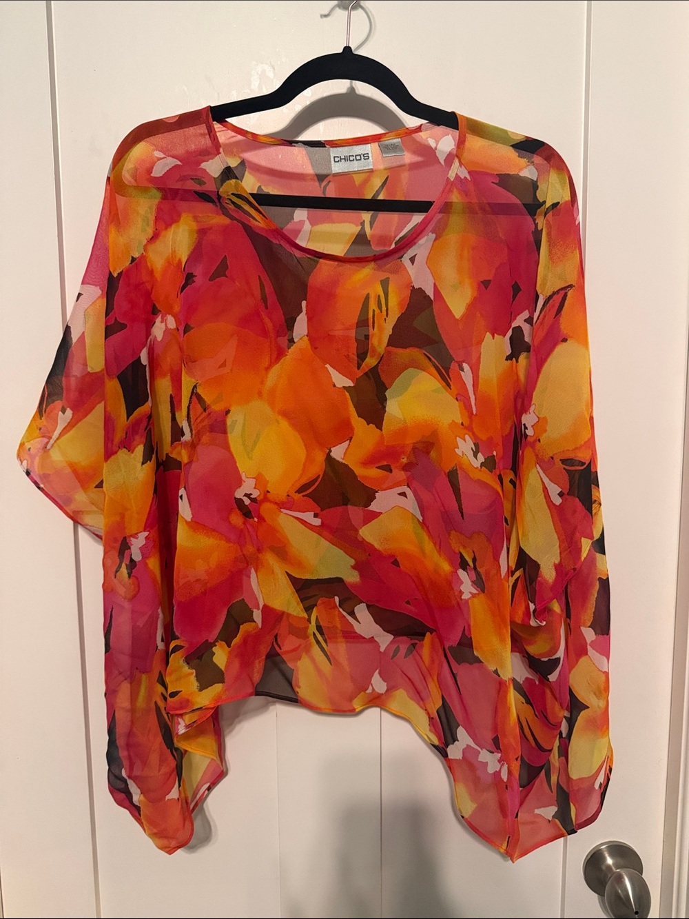 Chico's Sheer 100% Silk Floral Cropped Kaftan in Pink, Orange, Yellow